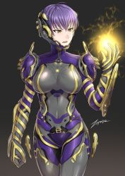 Rule 34 | 1girl, ahoge, alternate breast size, alternate costume, armor, breasts, character request, commentary, commission, english commentary, female focus, gold trim, headgear, large breasts, looking at hand, mag (warframe), magic, parted lips, power suit, purple hair, short hair, signature, skin tight, solo, tsurime, warframe, yellow eyes, zxpfer