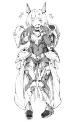 Rule 34 | 1girl, arm up, armor, armored bodysuit, armored boots, armored skirt, blush, boots, breastplate, floating, floating object, full body, goddess of victory: nikke, greyscale, hand on own face, headgear, highres, hip armor, laughing, leg armor, looking at viewer, monochrome, noah (nikke), one eye closed, pauldrons, pointing, pointing at viewer, short hair, shoulder armor, simple background, smug, solo, sparkle hair ornament, standing, utsuke (u tuk e), white background