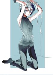 Rule 34 | 1girl, armpits, arms up, bandages, bandaged arm, bandages, commentary request, danaka, flower (vocaloid), gloves, grey gloves, grey pants, grey shirt, kneeling, looking at viewer, multicolored hair, pants, parted lips, purple eyes, purple hair, shirt, sleeveless, sleeveless shirt, socks, solo, streaked hair, flower (vocaloid4), vocaloid, white hair