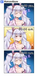 Rule 34 | 1girl, 3koma, :o, animal ears, artist name, azur lane, bare shoulders, blush, closed eyes, closed mouth, collarbone, comic, commentary, english commentary, facebook username, hair between eyes, hair ornament, hairband, heart, highres, jacket, laffey (azur lane), long hair, maroonabyss, off shoulder, open clothes, open jacket, parted lips, pink jacket, rabbit ears, red eyes, red hairband, signature, silver hair, sleeping, sparkle background, star (symbol), strap slip, twintails, zzz