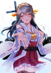 Rule 34 | 1girl, bare shoulders, black hair, blush, boots, breasts, closed eyes, commentary request, detached sleeves, hair ornament, hairband, hairclip, hand on own chest, haruna (kancolle), headgear, highres, japanese clothes, kantai collection, long hair, nontraditional miko, open mouth, petals, reaching, reaching towards viewer, ribbon-trimmed sleeves, ribbon trim, skirt, solo, tears, thigh boots, thighhighs, tsukui kachou