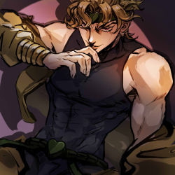 Rule 34 | 1boy, bare shoulders, black shirt, blonde hair, closed mouth, commentary, covered abs, dio brando, earrings, english commentary, glint, green headband, headband, heart, jacket, jacket partially removed, jewelry, jojo no kimyou na bouken, lips, long sleeves, looking at viewer, male focus, pectorals, shirt, short hair, sitting, sketch, skin tight, sleeveless, sleeveless turtleneck, solo, stardust crusaders, turtleneck, yellow jacket, zzyzzyy