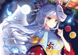 Rule 34 | 1girl, balloon, blue fire, blue kimono, breasts, fingernails, fire, floating hair, fox mask, full moon, half updo, highres, index finger raised, japanese clothes, kimono, large breasts, long hair, looking at viewer, mask, masuishi kinoto, moon, night, night sky, obi, original, outdoors, sash, shide, silver hair, sky, smile, solo, star (sky), starry sky, torii, upper body, wide sleeves, yellow eyes