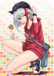 Rule 34 | 1girl, admiral graf spee (azur lane), alternate costume, azur lane, backwards hat, bag, bare legs, baseball cap, black bow, black footwear, black hat, blue eyes, blush, bow, breasts, candy, clothes writing, collarbone, drawstring, food, full body, hair bow, hand up, hat, highres, hood, hood down, hoodie, lollipop, looking at viewer, mouth hold, multicolored hair, on one knee, osisio, red hair, red hoodie, sanpaku, shadow, shoes, short hair, shoulder bag, sidelocks, silver hair, small breasts, sneakers, solo, streaked hair, swirl lollipop, thighs, wristband