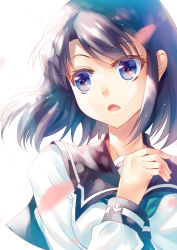 Rule 34 | 1girl, black sailor collar, blue eyes, brown hair, cherry blossoms, highres, hoshi ichi, long sleeves, open mouth, original, sailor collar, shirt, short hair, simple background, solo, upper body, white background, white shirt