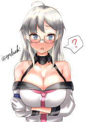 Rule 34 | 1girl, ?, absurdres, agodashi, ahoge, arms under breasts, black sailor collar, breasts, cleavage, crossed arms, glasses, gloves, grey eyes, grey hair, heywood l. edwards (kancolle), highres, kantai collection, large breasts, long hair, looking at viewer, neckerchief, one-hour drawing challenge, open mouth, pink neckerchief, sailor collar, school uniform, serafuku, simple background, solo, spoken question mark, twitter username, upper body, white background, white gloves