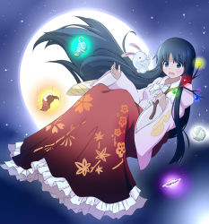 Rule 34 | 1girl, black eyes, black hair, bow, bowl, bowtie, branch, commentary request, eyebrows, floating, floral print, full body, full moon, highres, houraisan kaguya, japanese clothes, jeweled branch of hourai, kimono, long hair, moon, night, night sky, open mouth, pink shirt, popomu, rabbit, red skirt, shirt, sidelocks, skirt, sky, solo, surprised, touhou, very long hair, white bow, white bowtie, wide sleeves