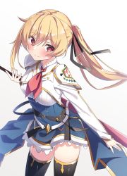Rule 34 | 1girl, black ribbon, blonde hair, blush, breasts, closed mouth, commentary request, cowboy shot, female focus, hair between eyes, hair ribbon, highres, large breasts, light blush, lisesharte atismata, long hair, looking at viewer, neckerchief, ponytail, red eyes, red neckerchief, ribbon, saijaku muhai no bahamut, shiro youduki, simple background, smile, solo, standing, thighhighs, thighs, white background, zettai ryouiki
