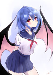 Rule 34 | 1girl, absurdres, ahoge, alternate costume, bat wings, blue hair, blue skirt, blush, breasts, closed mouth, commentary request, eyes visible through hair, hair between eyes, highres, hoshikage syo, looking at viewer, medium breasts, miniskirt, neck ribbon, no headwear, puffy short sleeves, puffy sleeves, red eyes, red ribbon, remilia scarlet, ribbon, sailor collar, school uniform, serafuku, shadow, shirt, short sleeves, signature, simple background, skirt, smile, solo, standing, touhou, white background, white shirt, wings