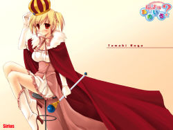 Rule 34 | 1girl, blonde hair, boots, braid, breasts, cleavage, crown, dress, elbow gloves, gloves, gown, high heel boots, high heels, kuga tamaki, mahou wa ameiro, mahou wa ameiro?, miyasu risa, princess, red eyes, robe, scepter, shoes, short twintails, sitting, solo, stool, twintails, wallpaper, white gloves