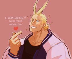 Rule 34 | 1boy, all might, antenna hair, blonde hair, blush, boku no hero academia, english text, finger heart, hair slicked back, highres, jacket, looking at viewer, male focus, muscular, muscular male, short hair, smile, solo, stormcallart, track jacket, upper body, valentine