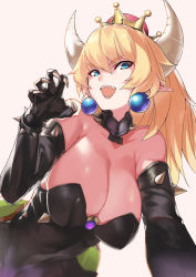 Rule 34 | 1girl, bare shoulders, black dress, blonde hair, blue eyes, borrowed design, bowsette, bracelet, breasts, claws, cleavage, collar, commentary request, crown, dress, earrings, hair between eyes, horns, jewelry, large breasts, looking at viewer, mario (series), new super mario bros. u deluxe, nintendo, ohland, open mouth, pointy ears, sharp teeth, solo, spiked bracelet, spiked collar, spikes, strapless, strapless dress, super crown, teeth, turtle shell
