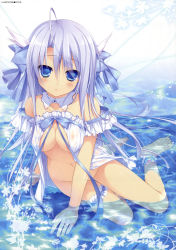 Rule 34 | 1girl, absurdres, ahoge, ankle cuffs, barefoot, blue eyes, blue hair, blue theme, blush, bottomless, bow, breasts, bridal garter, chikotam, cleavage, detached collar, detached sleeves, feet, hair ribbon, highres, long hair, looking at viewer, matching hair/eyes, medium breasts, navel, original, partially submerged, purple hair, ribbon, scan, see-through, see-through silhouette, shiny skin, sitting, solo, transparent wings, water, wet, wings, yokozuwari