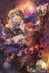 Rule 34 | 1girl, :d, armpits, arrow (projectile), beads, blonde hair, bow (weapon), bracer, breasts, brown legwear, copyright name, detached sleeves, fantasy, grand sphere, grey eyes, grey skirt, medium breasts, medium hair, mikeyama mike, navel, official art, open mouth, outdoors, skirt, smile, standing, watermark, weapon