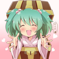 Rule 34 | 1girl, blush, box, closed eyes, dress, female focus, givuchoko, green hair, hair bobbles, hair ornament, heart, in box, in container, japanese clothes, kimono, kisume, open mouth, outstretched arms, pink dress, reaching, reaching towards viewer, short hair, simple background, smile, solo, touhou, treasure chest, twintails