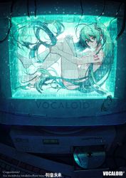 Rule 34 | 1girl, absurdres, ankle ribbon, aqua eyes, aqua hair, armband, barefoot, belly, binary, breasts, cable, cd, computer, copyright name, crt, dated, english text, floating hair, from side, green eyes, green hair, hair ornament, hand on own knee, hands on own legs, hatsune miku, highres, in container, kabu (niniko2ko), keyboard (computer), knees up, leg ribbon, long hair, looking at viewer, monitor, navel, nude, ribbon, solo, submerged, through medium, through screen, twintails, very long hair, vocaloid