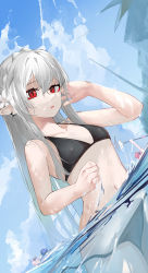 Rule 34 | 1boy, 3girls, absurdres, ao oni (onioni-aoi), arknights, bare arms, bare shoulders, bikini, black bikini, black hairband, blue headwear, blue sky, braid, cowboy shot, crown braid, day, earrings, fish, flat chest, goldenglow (arknights), hairband, hat, highres, innertube, jewelry, long hair, looking at viewer, mizuki (arknights), multiple girls, navel, official alternate costume, outdoors, parted lips, partially submerged, partially underwater shot, pink hair, pointy ears, polearm, red eyes, red hair, side-tie bikini bottom, sky, solo focus, swim ring, swimsuit, trident, underwater, untied bikini, very long hair, vigna (arknights), wardrobe malfunction, warfarin (arknights), warfarin (casual vacation) (arknights), water, weapon