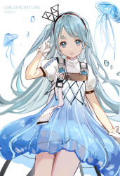 Rule 34 | 1girl, ads (girls&#039; frontline), black hairband, blue dress, blue eyes, blue hair, character name, commentary, copyright name, dress, girls&#039; frontline, gloves, hairband, hand up, highres, jellyfish, long hair, looking at viewer, one side up, parted lips, puffy short sleeves, puffy sleeves, rero (bigdoorbig2), shirt, short sleeves, simple background, solo, thick eyebrows, very long hair, white background, white gloves, white shirt