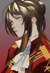 Rule 34 | 1girl, braid, brown hair, closed mouth, coat, commentary request, french braid, from side, girls&#039; frontline, green eyes, highres, lee-enfield (girls&#039; frontline), long hair, luin y, military, military uniform, red coat, red lips, sidelocks, solo, uniform, white neckwear