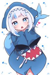 Rule 34 | 1girl, blue eyes, blue hair, blue hoodie, blush, commentary, eyebrows hidden by hair, fins, fish skeleton, fish tail, gawr gura, gawr gura (1st costume), grey hair, hands up, heroic spirit traveling outfit, highres, hololive, hololive english, hood, hood up, hoodie, long sleeves, looking at viewer, multicolored hair, open mouth, shark tail, sharp teeth, sleeves past fingers, sleeves past wrists, solo, streaked hair, tail, teeth, tosyeo, virtual youtuber, white background