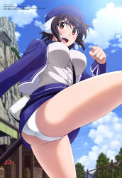 Rule 34 | 1girl, absurdres, ass, between breasts, blue hat, breasts, cliff, clothes lift, day, hat, highres, large breasts, lynn mei, megami magazine, miniskirt, mizuno yumiko, official art, outdoors, panties, plunderer, shrug (clothing), skirt, skirt lift, solo, strap between breasts, underwear