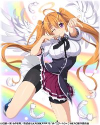 Rule 34 | 1girl, ahoge, angel, angel wings, black corset, black shorts, breasts, corset, feathers, halo, high school dxd, high school dxd hero, highres, kuoh academy school uniform, large breasts, long hair, official art, one eye closed, orange hair, pleated skirt, purple eyes, red skirt, sangoku taisen smash!, school uniform, shidou irina, shirt, shorts, shorts under skirt, skirt, smile, thighs, twintails, underbust, white shirt, wings, wink