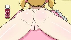 Rule 34 | 1girl, anus, artist name, ass, beach, blonde hair, censored, cleft of venus, come hither, condom, condom wrapper, from behind, highres, huge ass, legs, lying, nude, on stomach, original, pussy, solo, the pose, thighs, towel, twintails