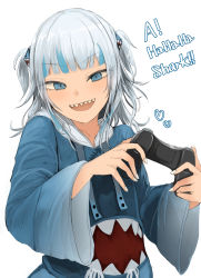 Rule 34 | 1girl, :d, a (phrase), bad id, bad twitter id, blue eyes, blue hair, blunt bangs, catchphrase, controller, fingernails, game controller, gawr gura, gawr gura (1st costume), grey hair, heart, highres, holding, holding controller, holding game controller, hololive, hololive english, long sleeves, looking at viewer, medium hair, nail polish, necro (nekurodayo), open mouth, sharp teeth, simple background, smile, solo, teeth, two side up, upper teeth only, virtual youtuber, white background, white nails