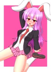 Rule 34 | 1girl, :o, animal ears, arm behind head, arm up, blazer, blouse, blush, breasts, brown footwear, collared shirt, damiwi, highres, jacket, large breasts, loafers, long hair, long sleeves, looking at viewer, necktie, open mouth, pink skirt, pleated skirt, purple hair, rabbit ears, red eyes, red necktie, reisen udongein inaba, shirt, shoes, simple background, skirt, socks, solo, thighs, touhou, white shirt