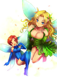 Rule 34 | 2girls, atlus, barefoot, blonde hair, blue eyes, blue thighhighs, boots, breasts, brown hair, cleavage, dress, elbow gloves, fairy, gloves, insect wings, kara (color), large breasts, leotard, long hair, medium breasts, megami tensei, multiple girls, persona, pixie (megami tensei), pointy ears, red eyes, red hair, shin megami tensei, short hair, size difference, thighhighs, titania (megami tensei), wings