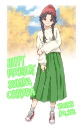 Rule 34 | 1girl, 22/7, border, braid, brown eyes, brown hair, bxtbsy7q76gxh73, character name, closed mouth, dated, full body, green skirt, happy birthday, highres, looking at viewer, orihara sumika, red footwear, shoes, skirt, smile, sneakers, solo, standing, sweater, twin braids, white border, white sweater