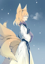 Rule 34 | 1girl, absurdres, animal ears, blonde hair, blue background, blue eyes, blue tabard, breathing, commentary request, dress, fox ears, fox tail, frilled dress, frills, from side, gradient background, highres, kakaricho dairi, kitsune, long sleeves, looking ahead, medium hair, multiple tails, snowing, solo, standing, tabard, tail, touhou, white dress, yakumo ran