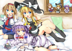 Rule 34 | 3girls, alice margatroid, apron, black dress, blue dress, blue eyes, blush, book, bow, breasts, capelet, character doll, cleavage, crescent, cup, dress, hair ribbon, hat, hat bow, kirisame marisa, kuzumomo, lying, mob cap, multiple girls, on side, open mouth, patchouli knowledge, pillow, purple dress, purple eyes, purple hair, ribbon, sash, sitting, smile, striped clothes, striped dress, teacup, touhou, tress ribbon, v, waist apron, window, witch hat