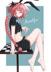 Rule 34 | 1boy, absurdres, astolfo (fate), axescr, barefoot, bow, braid, braided ponytail, character name, crossdressing, fate/grand order, fate (series), feet, full body, hair between eyes, hair bow, highres, long hair, looking at viewer, male focus, multicolored hair, pink hair, purple eyes, sitting, skirt, smile, solo, streaked hair, trap, two-tone hair, white hair