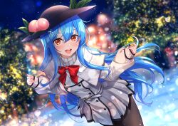 Rule 34 | 1girl, absurdres, blue eyes, bow, bowtie, christmas, hat, highres, hinanawi tenshi, long sleeves, looking at viewer, outdoors, red eyes, smile, solo, touhou, yoshinatsu