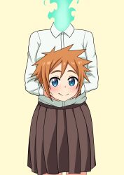 Rule 34 | absurdres, blue eyes, brown hair, brown skirt, collared shirt, commentary, cowboy shot, demi-chan wa kataritai, disembodied head, dress shirt, dullahan, fire, green fire, headless, highres, holding head, long sleeves, looking at viewer, machi kyouko, pleated skirt, shirt, simple background, skirt, smile, spiked hair, straight-on, the only shoe, variant set, white shirt, wing collar, yellow background
