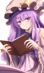 Rule 34 | 1girl, bags under eyes, blue bow, blue ribbon, book, bow, bowtie, commentary, crescent, crescent hat ornament, hair bow, hat, hat ornament, hat ribbon, highres, holding, holding book, long hair, mob cap, namiki (remiter00), open book, parted lips, patchouli knowledge, purple bow, purple bowtie, purple eyes, purple hair, reading, red bow, ribbon, robe, simple background, solo, touhou, very long hair, white background, wide sleeves