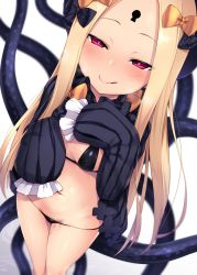 Rule 34 | 1girl, :q, abigail williams (fate), abigail williams (second ascension) (fate), bikini, black bikini, blonde hair, blush, bow, breasts, breath, bright pupils, closed mouth, dutch angle, fate/grand order, fate (series), foreshortening, gradient background, hair bow, half-closed eyes, hat, highres, keyhole, legs together, long hair, long sleeves, looking at viewer, lowleg, lowleg bikini, naughty face, parted bangs, pink eyes, pussy juice, satou kuuki, sidelocks, simple background, sleeves past wrists, small breasts, solo, string bikini, swimsuit, tentacles, tongue, tongue out, very long hair