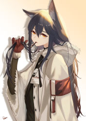 Rule 34 | 1girl, absurdres, animal ear fluff, animal ears, arknights, black hair, brown eyes, closed mouth, food, from side, fur trim, gloves, hair between eyes, hand up, highres, holding, holding own hair, hood, hood down, hooded jacket, id card, jacket, kawausoman, long hair, long sleeves, looking at viewer, looking to the side, mouth hold, official alternate costume, open clothes, open jacket, pocky, red gloves, revision, shoulder strap, sidelocks, solo, texas (arknights), texas (winter messenger) (arknights), upper body, white jacket, wide sleeves, wolf ears, wrist cuffs