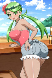 Rule 34 | 1girl, :p, ass, breasts, creatures (company), dark-skinned female, dark skin, female focus, flower, from behind, game freak, green eyes, green hair, hair flower, hair ornament, highres, looking at viewer, looking back, low twintails, mallow (pokemon), nintendo, nipples, no bra, outdoors, pokemon, pokemon sm, smile, solo, tongue, tongue out, twintails, yensh