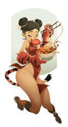 Rule 34 | 1girl, animal hands, bare legs, black hair, breasts, closed eyes, double bun, dress, eating, egg, fang, fang out, food, full body, hair bun, highres, impossible clothes, impossible dress, kim san, medium breasts, noodles, original, panty straps, pelvic curtain, ramen, simple background, solo, tail, tiger girl, tiger paws, tiger tail, white background
