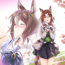Rule 34 | 1girl, :d, animal ears, black skirt, blush, bow, brown hair, chopsticks, clenched hand, clover hair ornament, collarbone, commentary request, double horizontal stripe, eating, fine motion (umamusume), flower, food, food in mouth, green eyes, green shirt, hair ornament, hand on own cheek, hand on own chest, hand on own face, heart, highres, horse ears, horse girl, horse tail, jacket, matsukura nemu, multicolored hair, multiple views, noodles, open mouth, petals, purple bow, school uniform, serafuku, shirt, short sleeves, skirt, smile, tail, tracen school uniform, two-tone hair, umamusume, white hair, white jacket