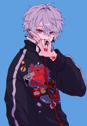 Rule 34 | 1boy, bandaid, bandaid on hand, black nails, blue background, covering own mouth, fashion, fingernails, hand up, highres, jacket, jewelry, kuzuha (nijisanji), long fingernails, looking at viewer, male focus, mole, mole under eye, multiple rings, nasi w2, nijisanji, red eyes, red nails, ring, sharp fingernails, short hair, simple background, solo, streetwear, thumb ring, too many stickers, track jacket, upper body, v, white hair, zipper