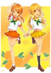 Rule 34 | 2boys, bad id, bad pixiv id, blonde hair, dated, food, food-themed hair ornament, fruit, full body, hair ornament, highres, leg up, lemon, lemon hair ornament, low twintails, male focus, multiple boys, nan, orange (fruit), orange hair, orange hair ornament, original, pleated skirt, school uniform, serafuku, siblings, skirt, trap, twins, twintails, v, yellow eyes