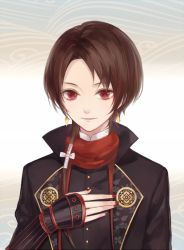 Rule 34 | 10s, 1boy, bad id, bad pixiv id, brown hair, earrings, hand on own chest, jewelry, kashuu kiyomitsu, male focus, mole, mole under mouth, nail polish, ponytail, red eyes, red nails, scarf, smile, solo, touken ranbu, upper body, zek (zecola)