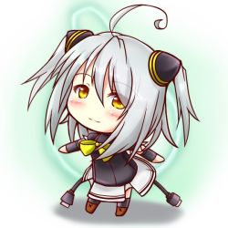 Rule 34 | 1girl, ahoge, bow, bowtie, chibi, hair ornament, kazenonegura, looking at viewer, original, silver hair, smile, solo, two side up, yellow eyes