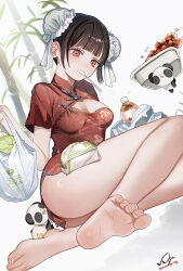 Rule 34 | 1girl, absurdres, asa going, barefoot, black hair, blush, bun cover, china dress, chinese clothes, double bun, dress, feet, hair bun, highres, long hair, looking at viewer, panda, red eyes, soles, spoon, toes