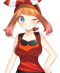 Rule 34 | 1girl, ;), absurdres, bad id, bad pixiv id, blue eyes, breasts, collarbone, creatures (company), game freak, hair ribbon, hairband, hand on own hip, highres, long hair, may (pokemon), may (pokemon oras), medium breasts, nintendo, one eye closed, orange hair, pokemon, pokemon oras, red hairband, red shirt, ribbon, shirt, simple background, smile, solo, standing, striped ribbon, twintails, upper body, white background, yuihico