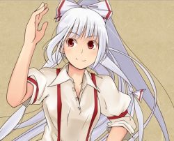 Rule 34 | 1girl, bow, breasts, cropped, fujiwara no mokou, hair bow, long hair, papurin papi, ponytail, red eyes, short sleeves, simple background, small breasts, smile, solo, suspenders, touhou, very long hair, white hair