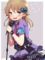 Rule 34 | 1girl, @ @, alternate hairstyle, armband, bad id, bad twitter id, belt, blush, bow, bracelet, brown eyes, brown hair, clothes writing, flying sweatdrops, hair between eyes, hair bow, hair down, hair ornament, highres, holding, holding microphone, idolmaster, idolmaster cinderella girls, jewelry, korean commentary, medium hair, mg pong, microphone, microphone stand, morikubo nono, necktie, pink necktie, shirt, short sleeves, simple background, solo, sweat, tears, two-tone background